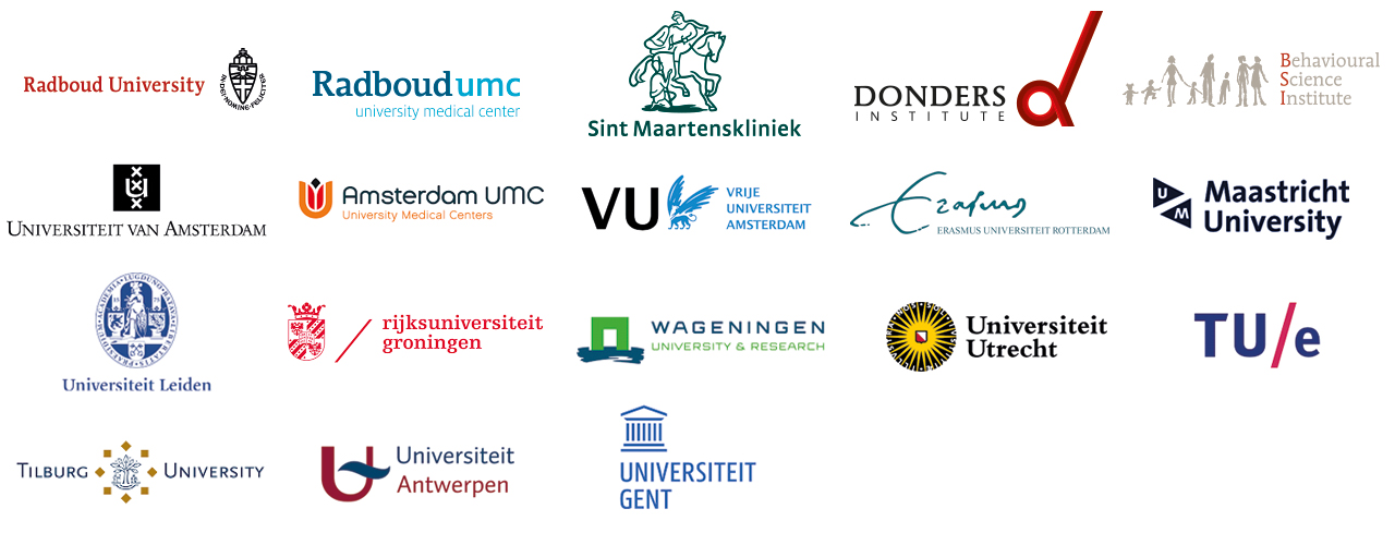 Radboud Radboudumc Sint Maartenskliniek Donders Institute Amsterdam University Vrije Universiteit Amsterdam Erasmus Maastricht University Universiteit Leiden Rijksuniversiteit Groningen Wageningen University Universiteit Utrecht Technische Universiteit Eindhoven Tilburg University Universiteit Antwerpen Universiteit Ghent
